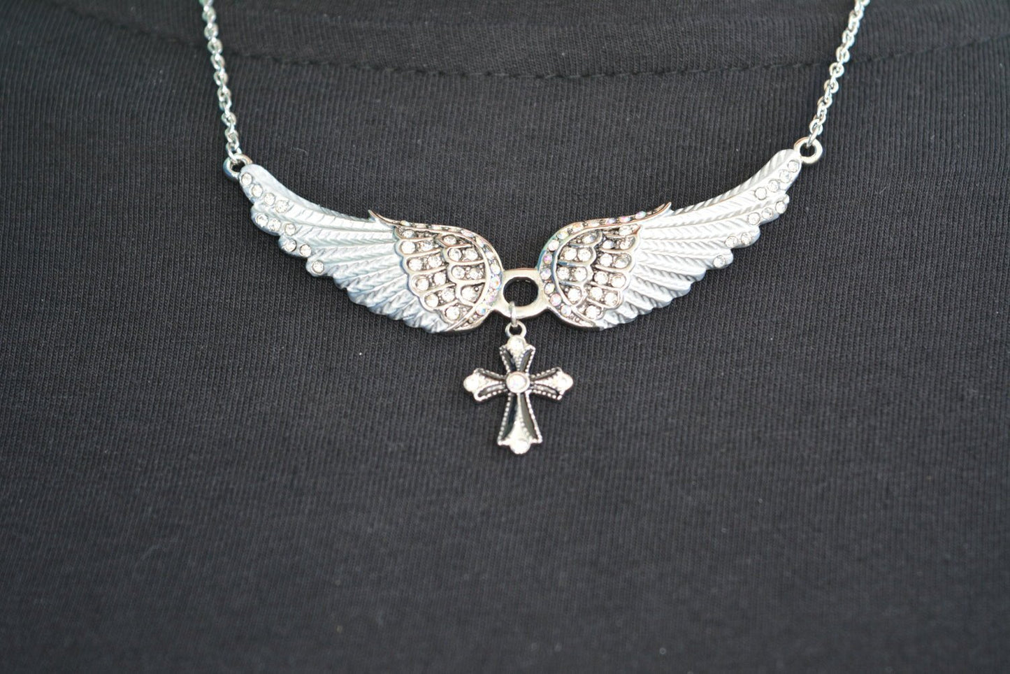Small White Painted Winged Necklace with Cross White AB Imitation Crystals