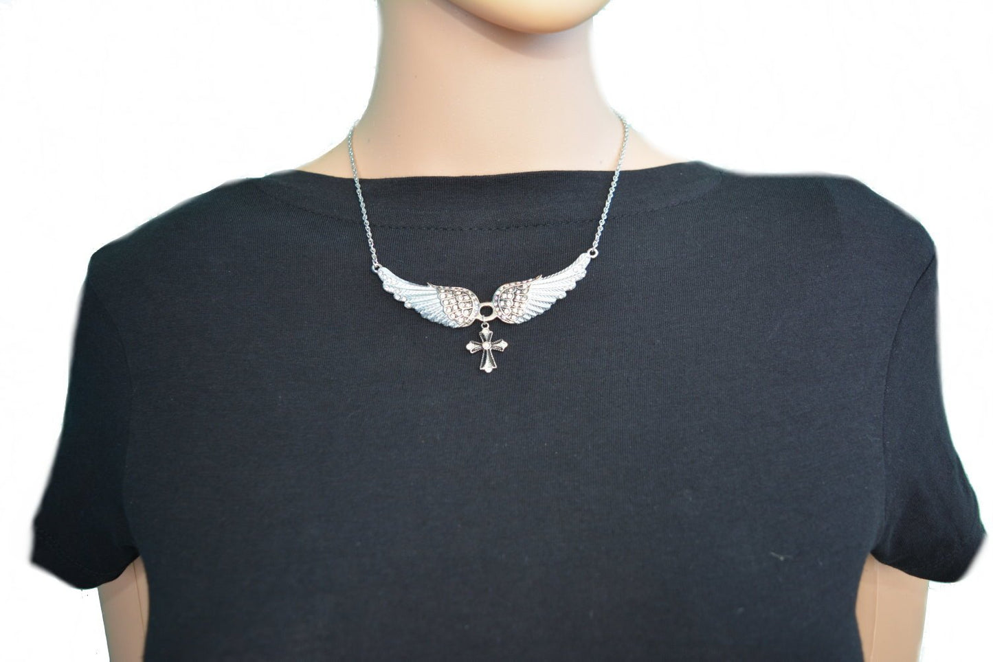 Small White Painted Winged Necklace with Cross White AB Imitation Crystals