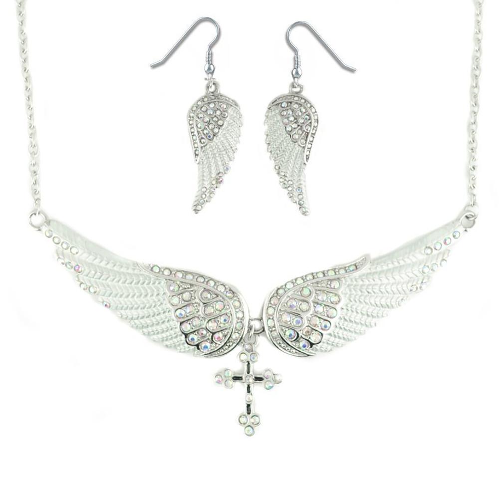 Combo Set White Painted Winged Leverback Earring + White Painted Winged Necklace White Imitation Crystals