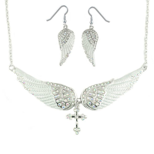 Combo Set White Painted Winged Leverback Earring + White Painted Winged Necklace White Imitation Crystals