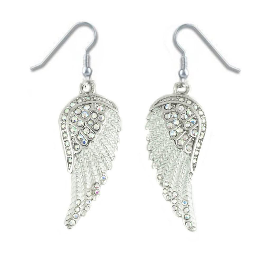 White Painted Winged French Wire Earring White Imitation Crystals