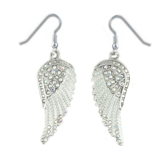 White Painted Winged French Wire Earring White Imitation Crystals