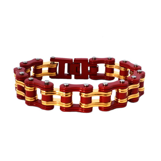 Two Tone 3/4" Wide Red Gold ToneUnisex Stainless Steel Motorcycle Chain Bracelet