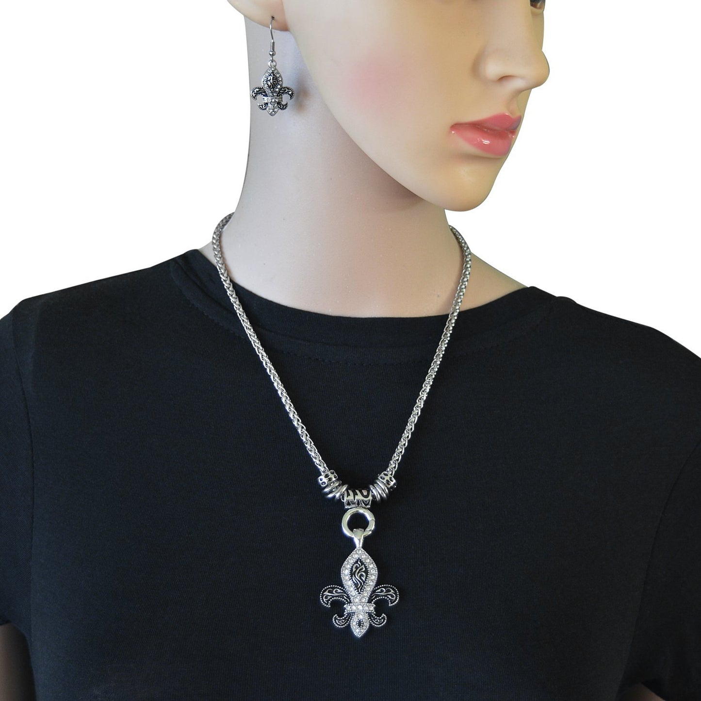Fleur De LisWomen's Charm Pendant &amp; Matching Earrings Stainless Steel Motorcycle Jewelry $45.00