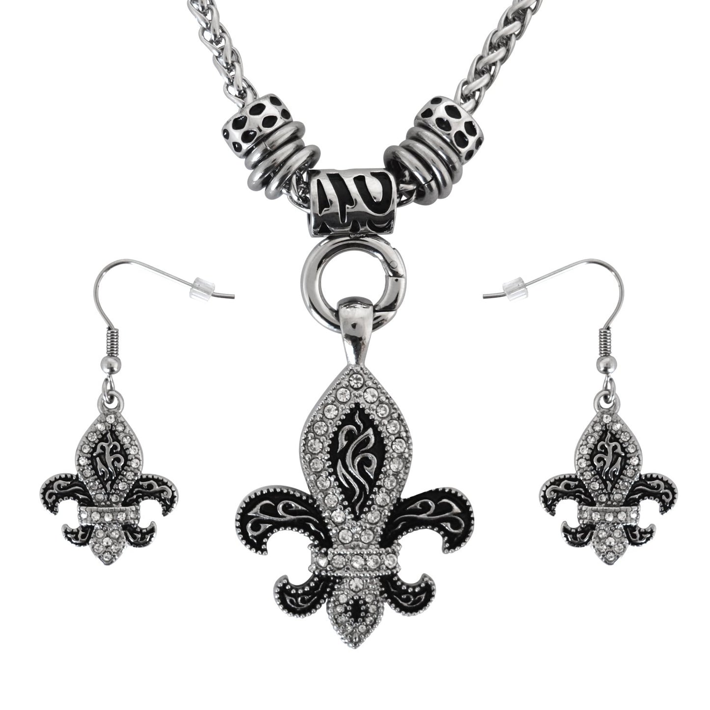 Fleur De LisWomen's Charm Pendant &amp; Matching Earrings Stainless Steel Motorcycle Jewelry