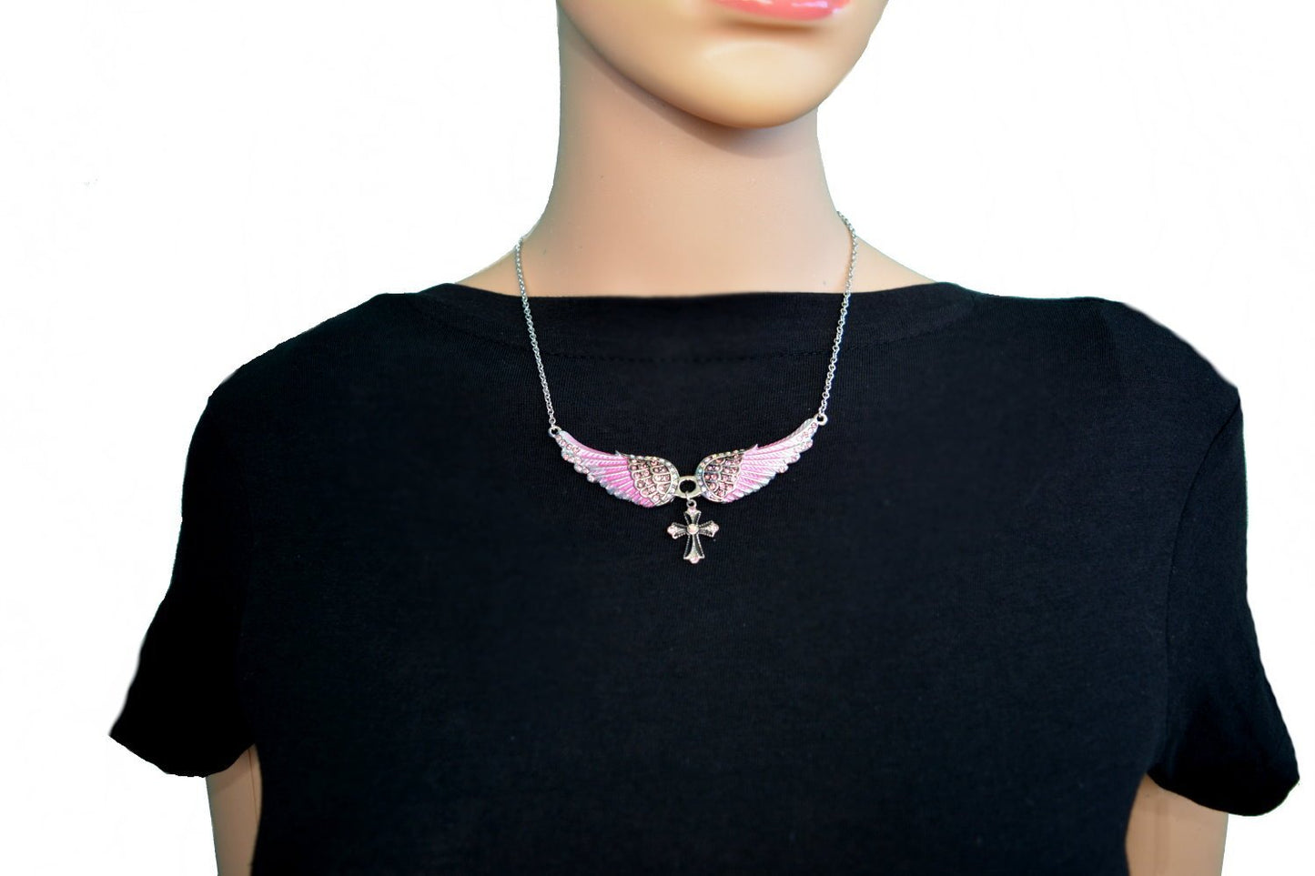 Small Pink Painted Winged Necklace with Cross Pink Imitation Crystals