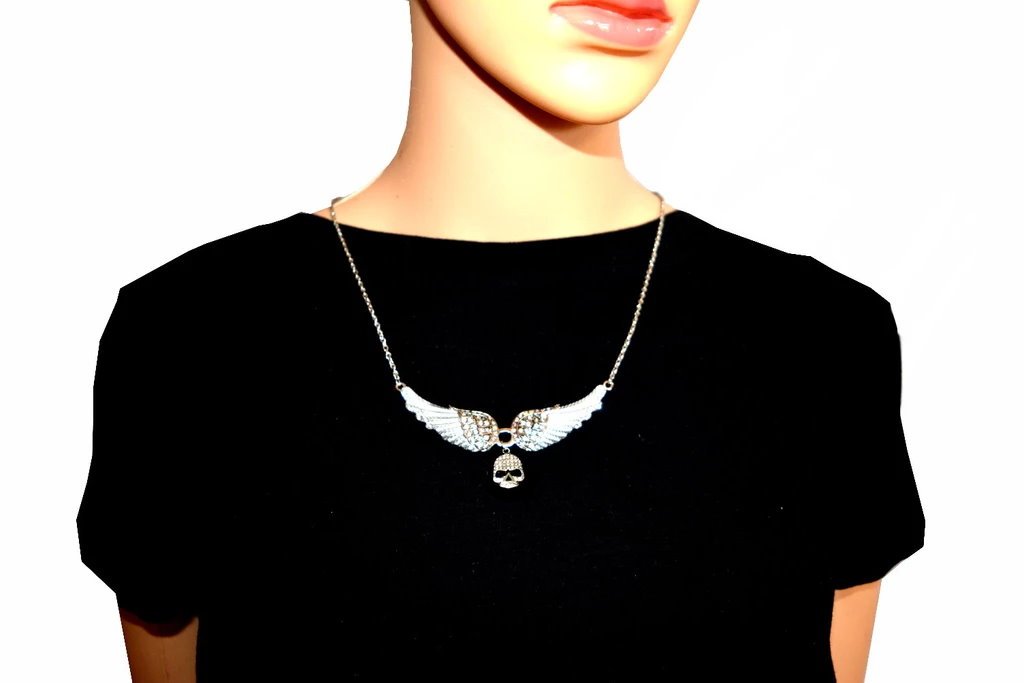 Small White Painted Winged Necklace with Iridescent Imitation Crystals