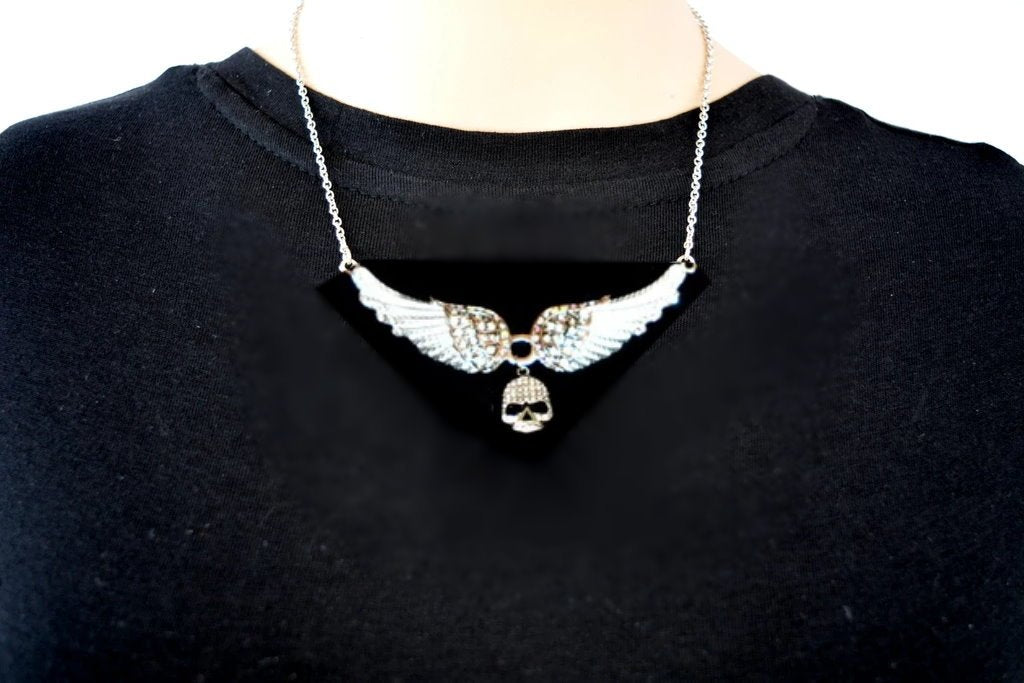 Small White Painted Winged Necklace with Iridescent Imitation Crystals