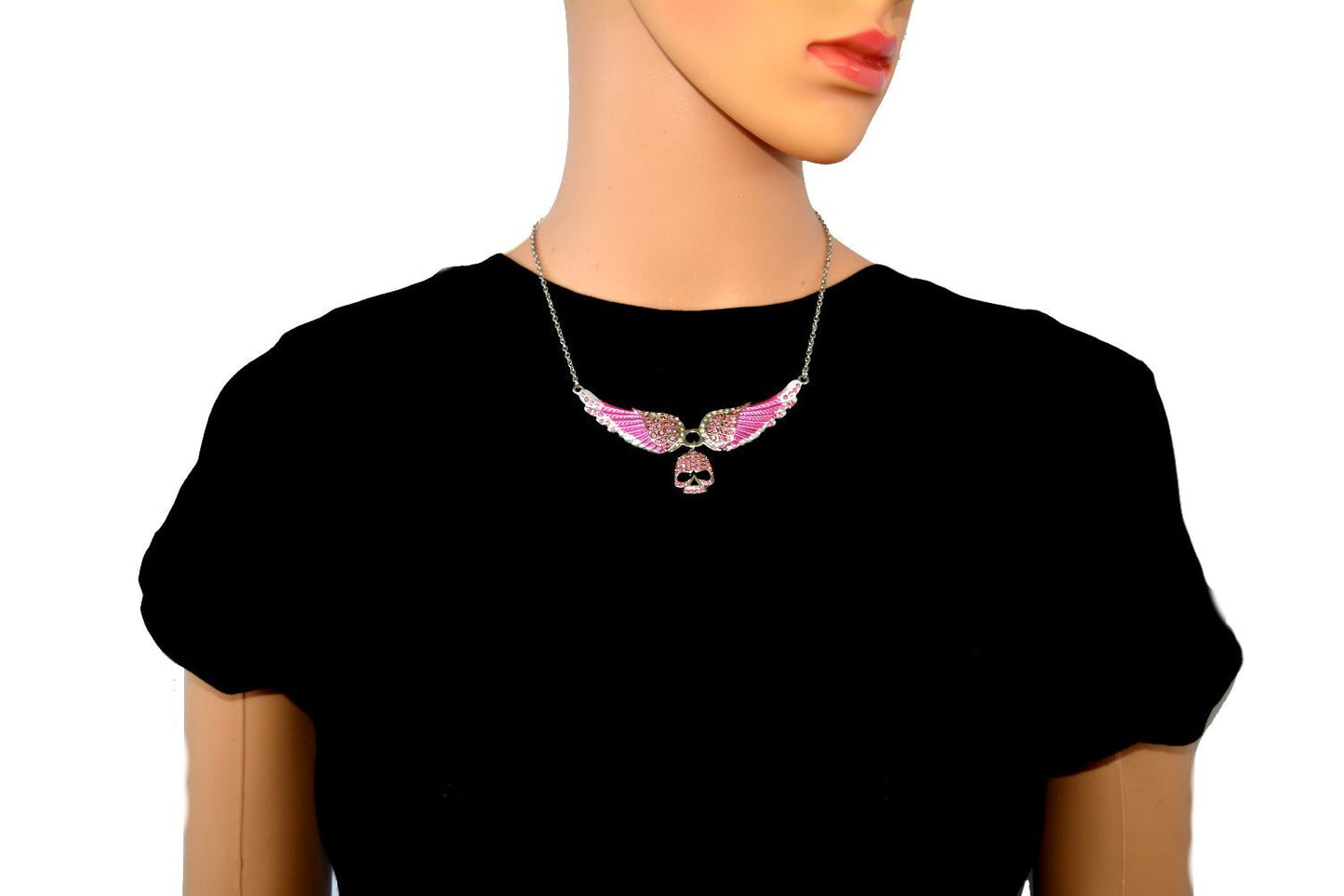 Small Pink Painted Winged Necklace with Pink Imitation Crystals