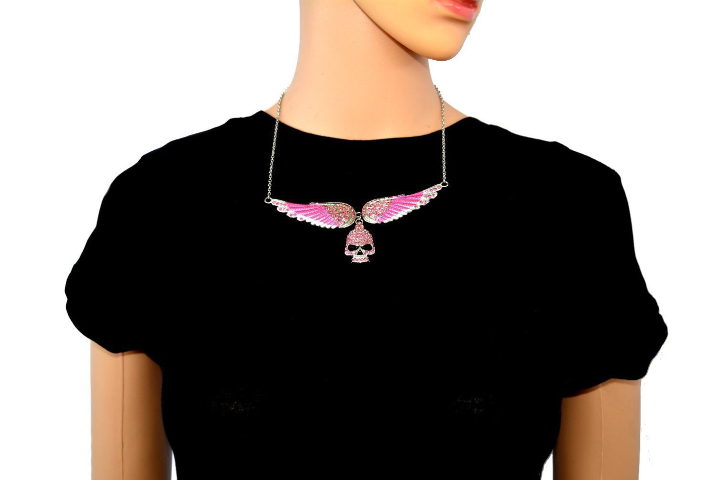 Large Pink Painted Winged Necklace with Pink Imitation Crystals