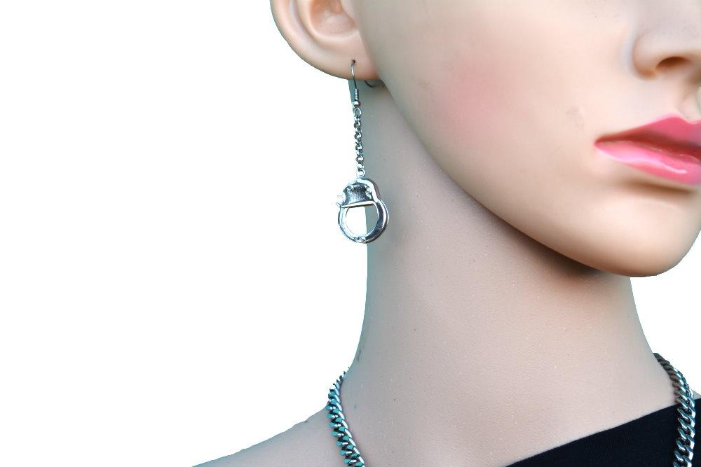 Women's Hand Cuff Necklace 19" with Matching Earrings Stainless Steel Motorcycle Jewelry