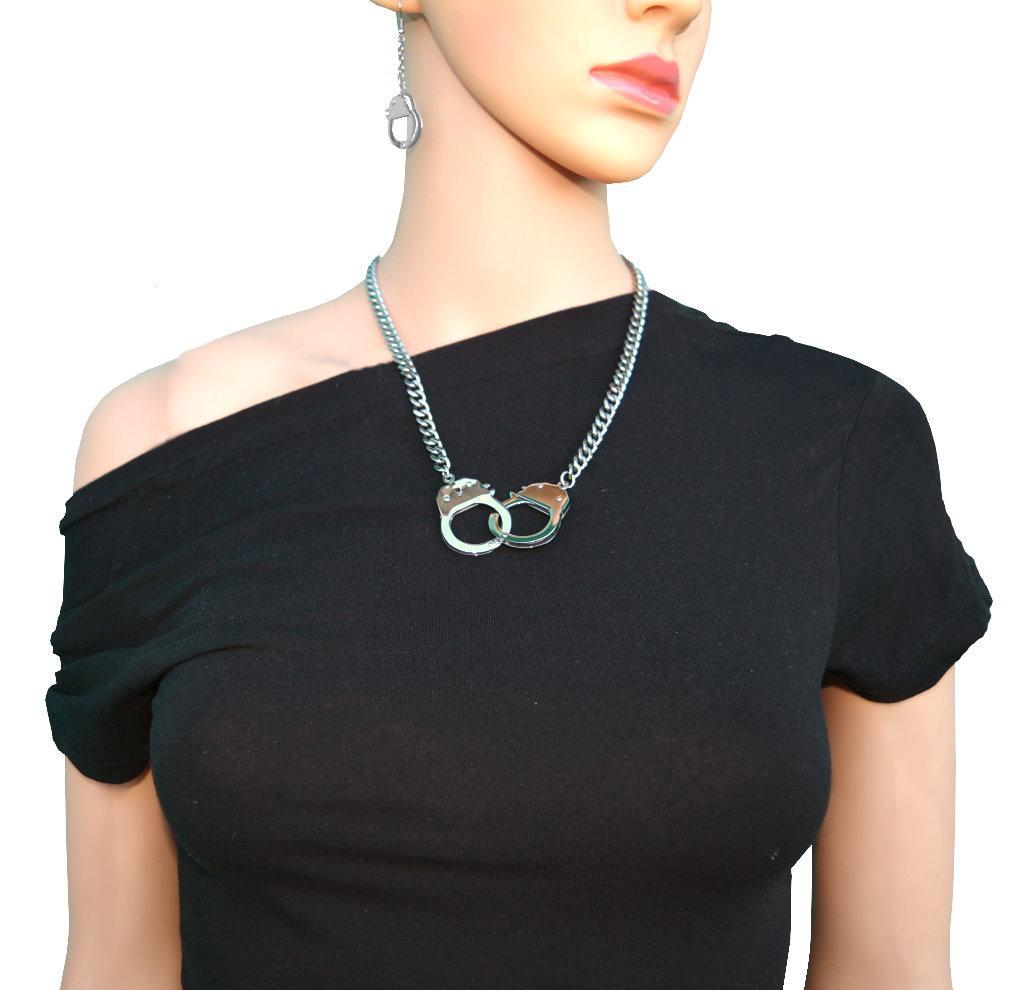 Women's Hand Cuff Necklace 19" Real Working Cuffs Stainless Steel Motorcycle Jewelry