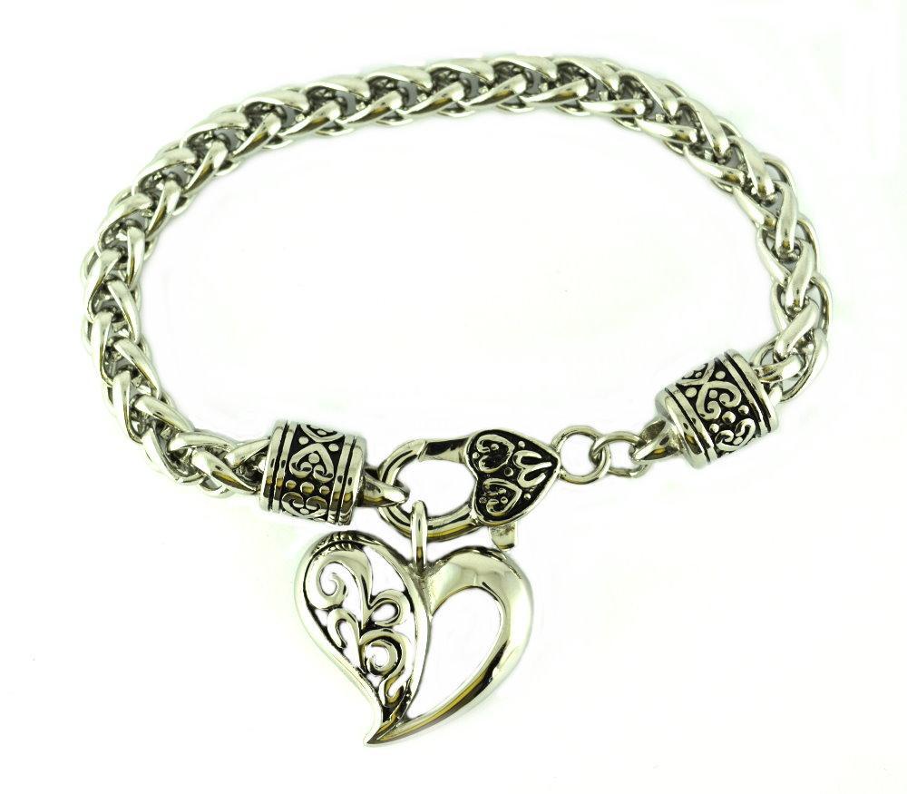 Heart Bracelet Stainless Steel 8" Chain 7 Millimeter