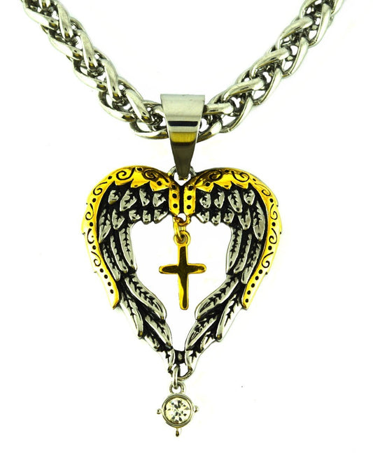 Winged Heart Cross Imitation Diamond Pendant with 24" Chain