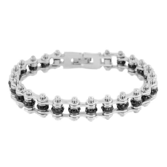 3/8" Wide MiniTwo Tone Silver with Black Crystal Centers stainless Steel Motorcycle Bike Chain Bracelet