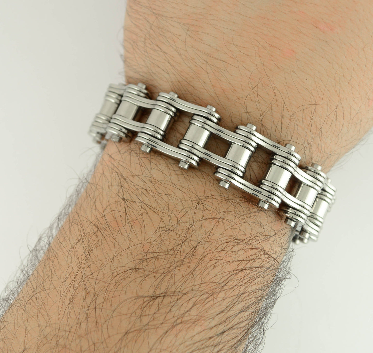 All Silver Tone Double Link 3/4" Wide Design Unisex Stainless Steel Motorcycle Chain Bracelet