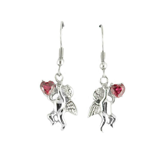 Cherub Angel Earrings Imitation Ruby Heart Shape Stones French Wire Stainless Steel Motorcycle Biker Jewelry