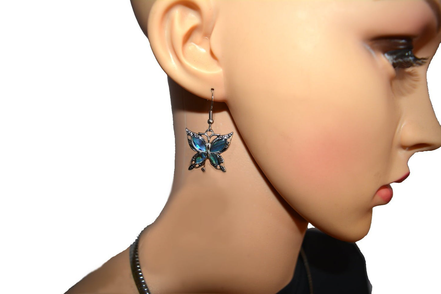 Abalone Wide Butterfly Pendant &amp; Matching Earrings with Omega 19" Chain Stainless Steel