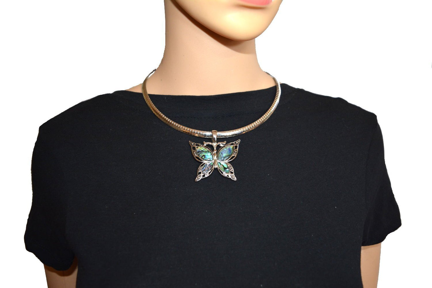 Abalone Wide Butterfly Pendant &amp; Matching Earrings with Omega 19" Chain Stainless Steel