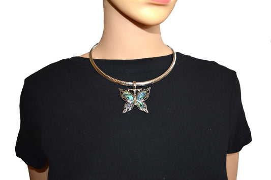 Abalone Wide Butterfly Pendant & Matching Earrings with Omega 19" Chain Stainless Steel