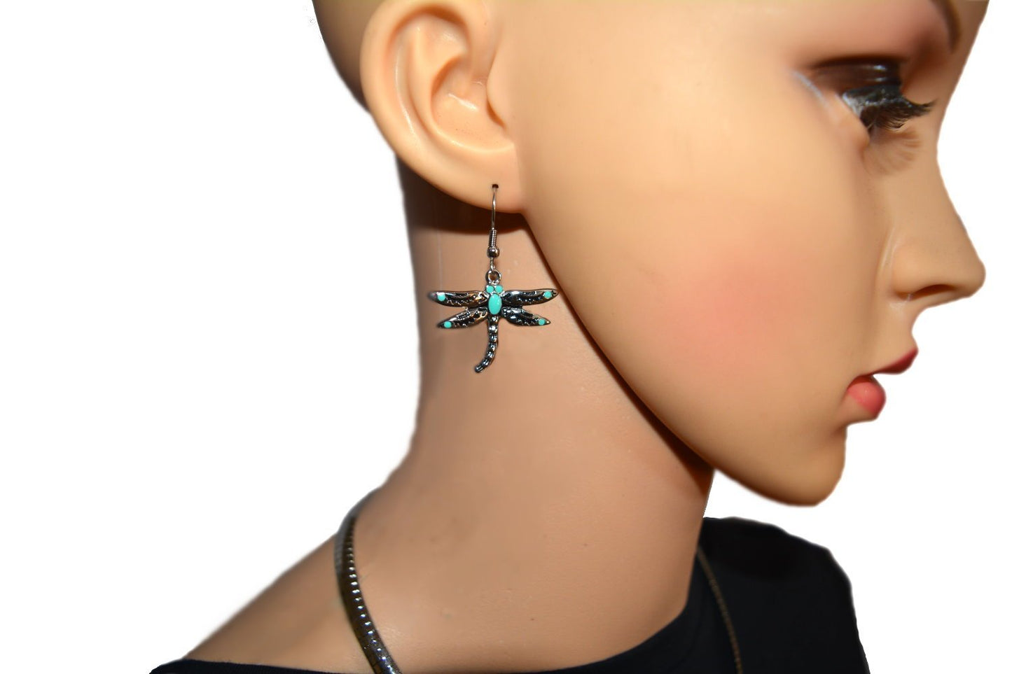 Dragonfly Pendant 2.5" Tall &amp; Matching Earrings Imitation Turquoise with Omega 19" Chain Stainless Steel