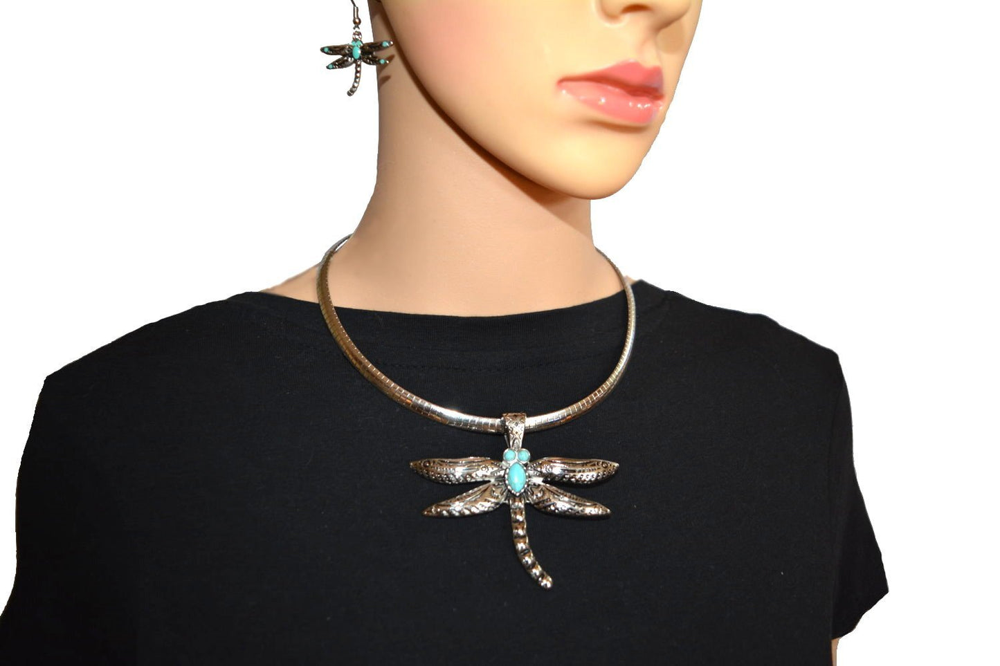 Dragonfly Pendant 2.5" Tall &amp; Matching Earrings Imitation Turquoise with Omega 19" Chain Stainless Steel