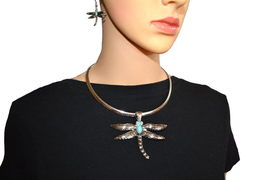 Dragonfly Pendant 2.5" Tall & Matching Earrings Imitation Turquoise with Omega 19" Chain Stainless Steel