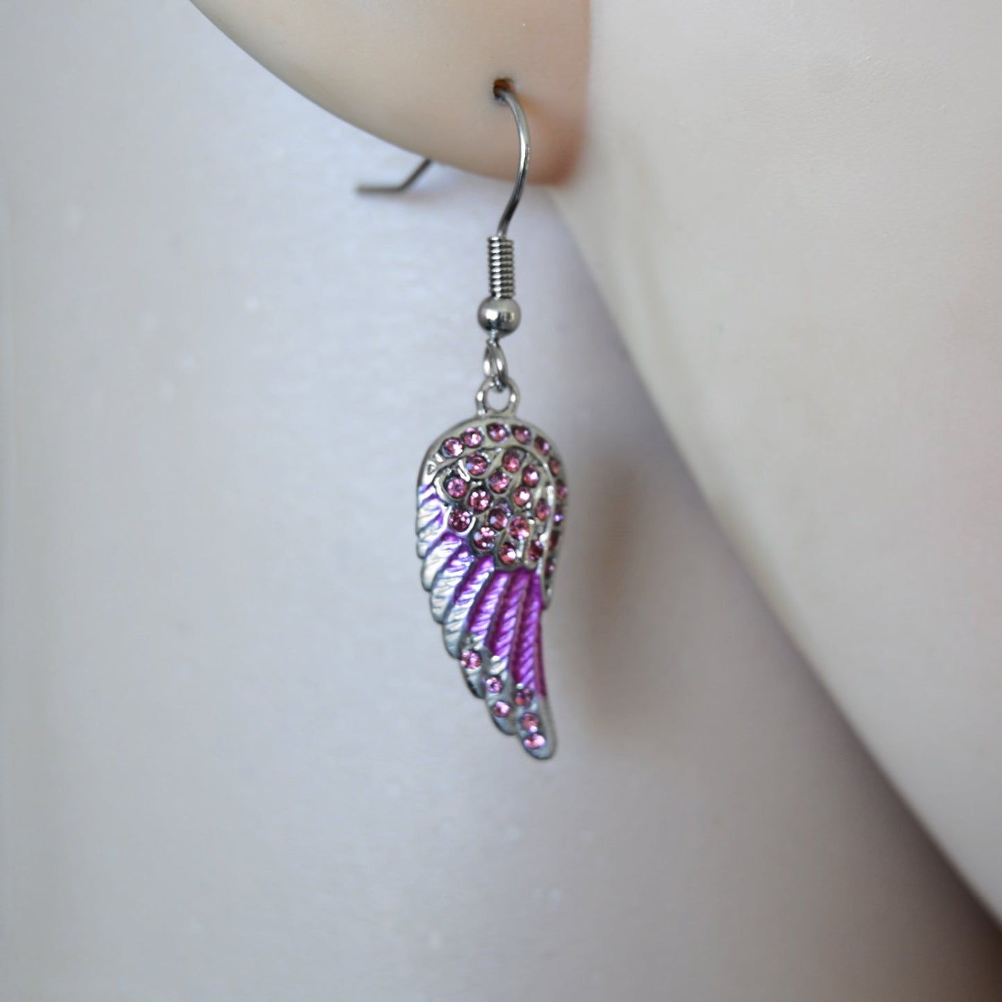 Mini Pink Painted Winged French Wire Earring White Imitation Crystals