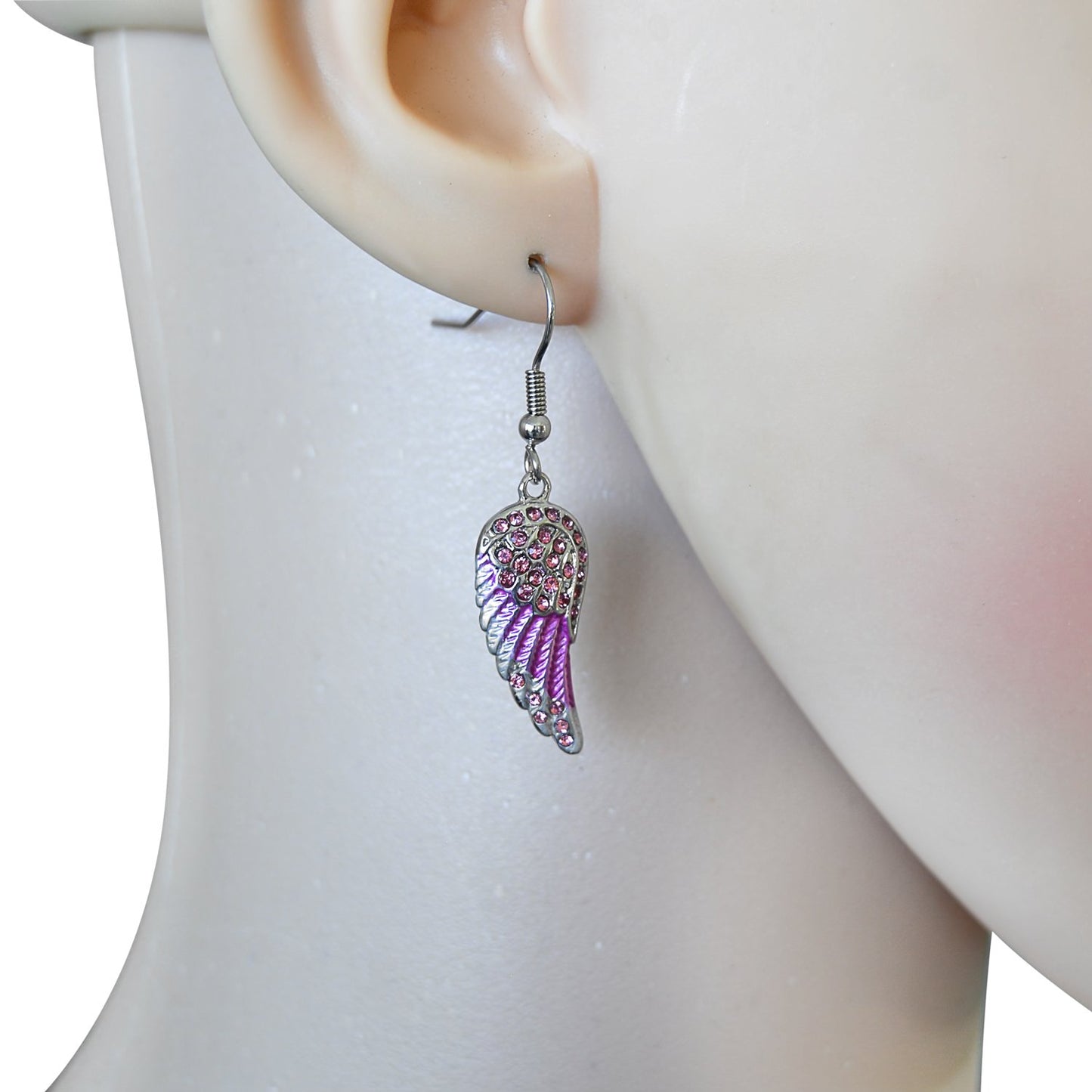 Mini Pink Painted Winged French Wire Earring White Imitation Crystals