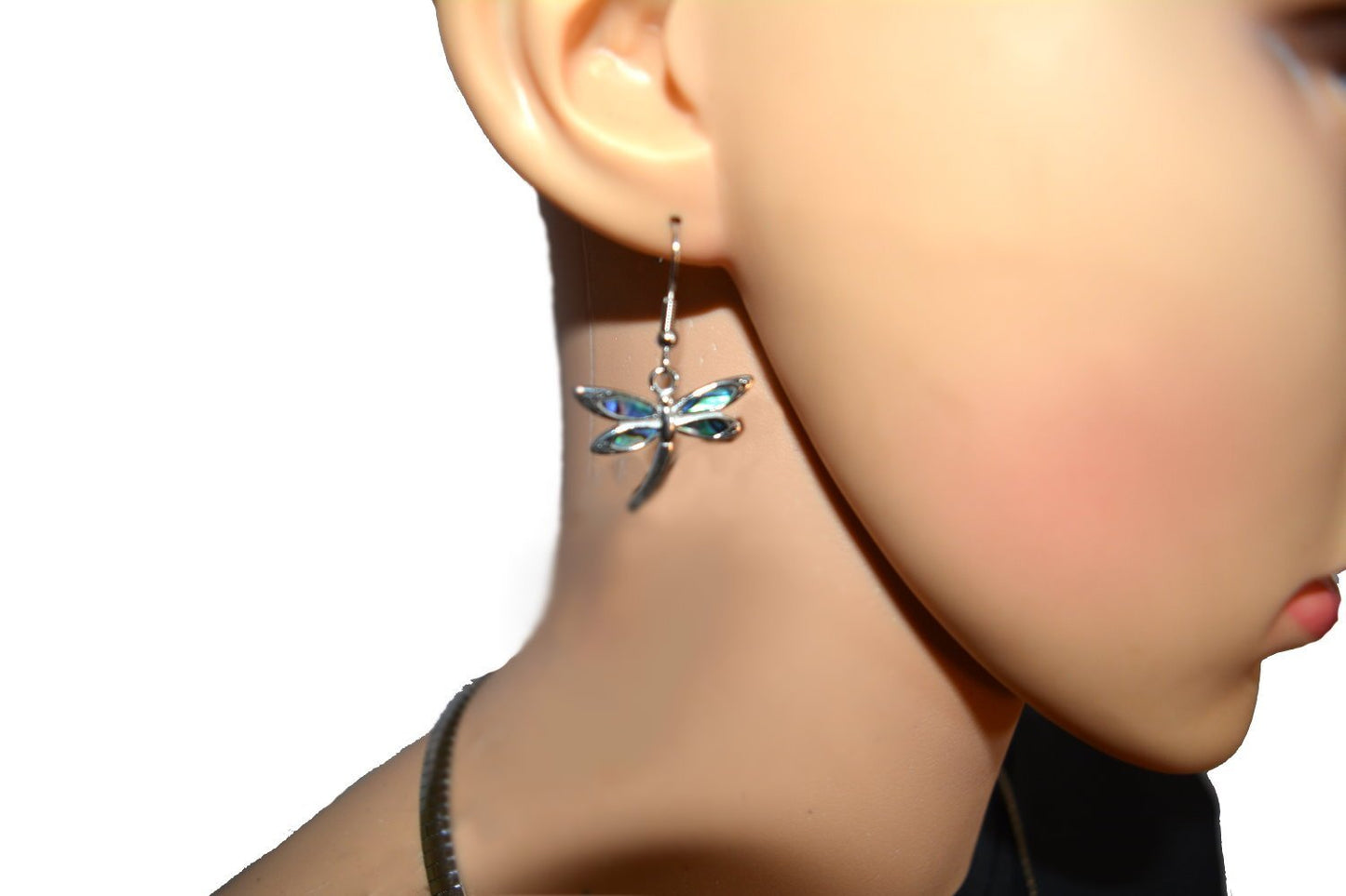 Abalone Wide Dragonfly Pendant &amp; Matching Earrings with Omega 19" Chain Stainless Steel