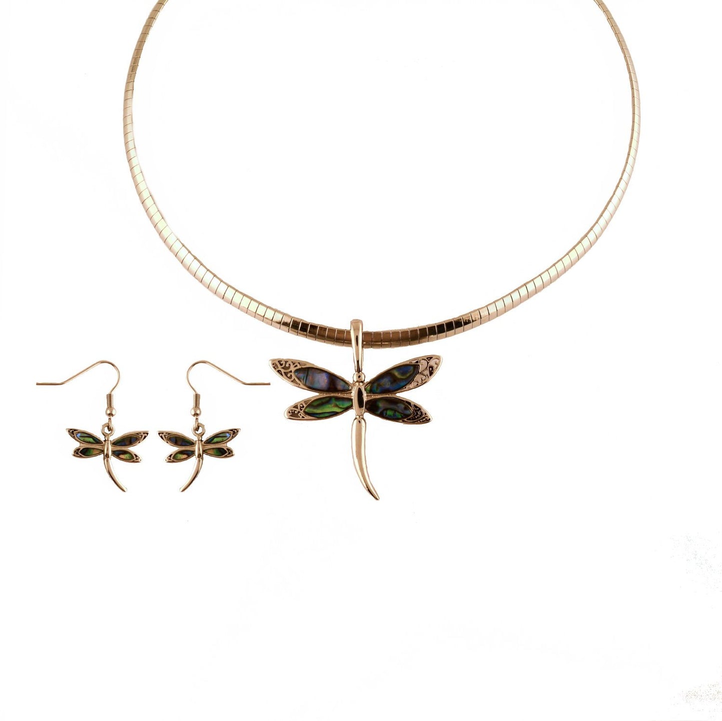 Abalone Wide Dragonfly Pendant &amp; Matching Earrings with Omega 19" Chain Stainless Steel