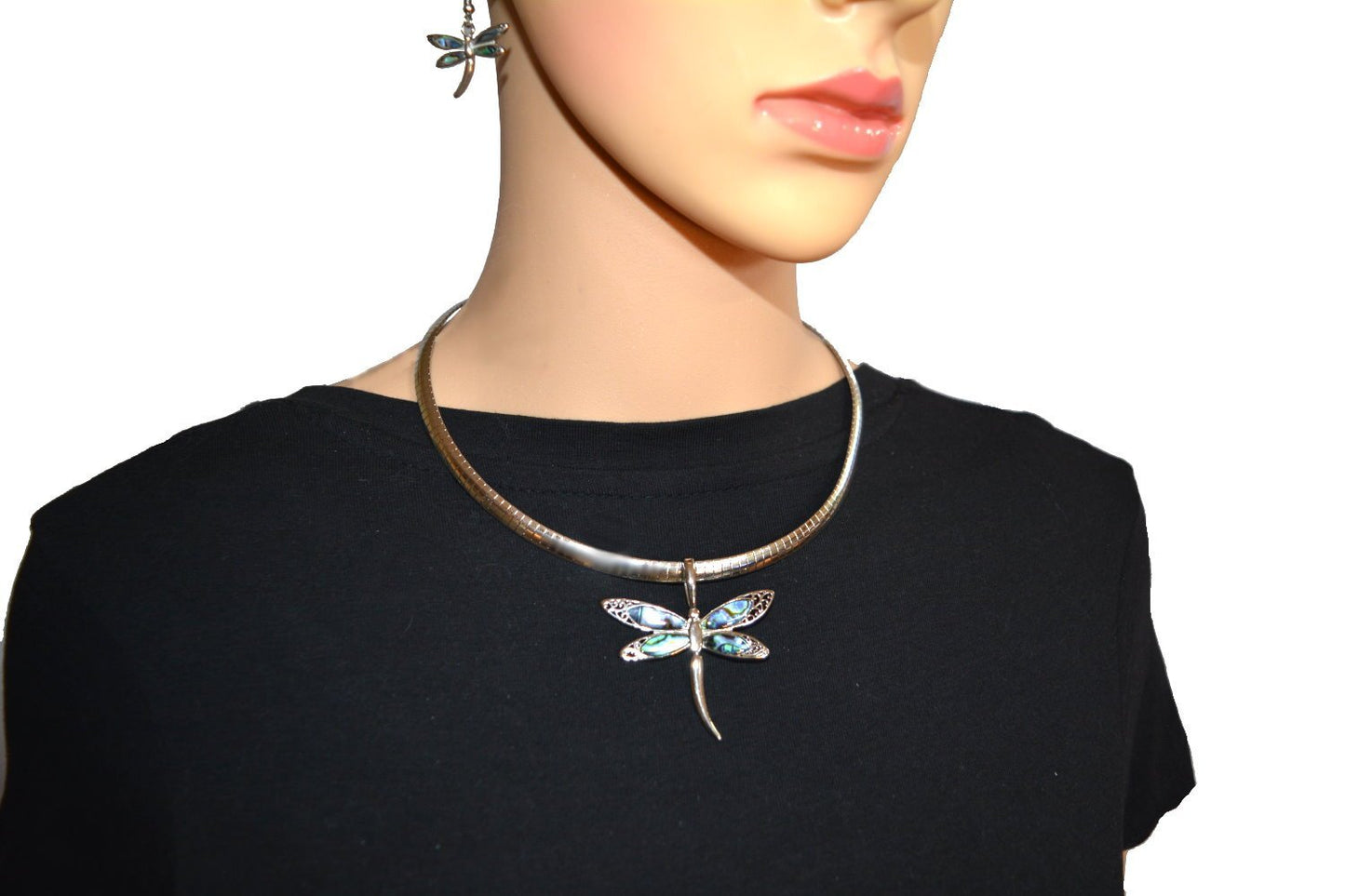 Abalone Wide Dragonfly Pendant &amp; Matching Earrings with Omega 19" Chain Stainless Steel