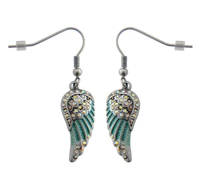 Mini Seafoam Painted Winged French Wire Earring White Imitation Crystals