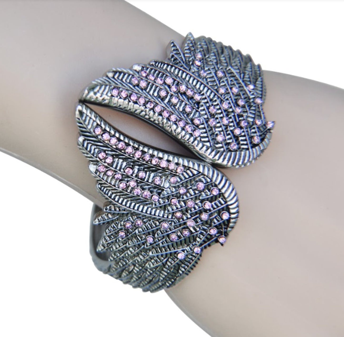 Wings Heart Bangle Imitation Pink Diamonds Stainless Steel Heavy Metal Jewelry