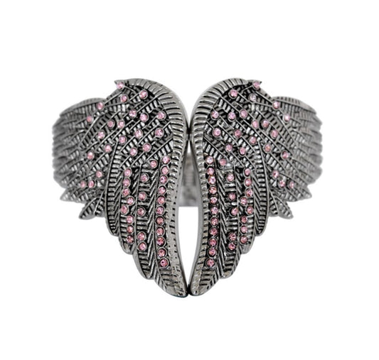 Wings Heart Bangle Imitation Pink Diamonds Stainless Steel Heavy Metal Jewelry