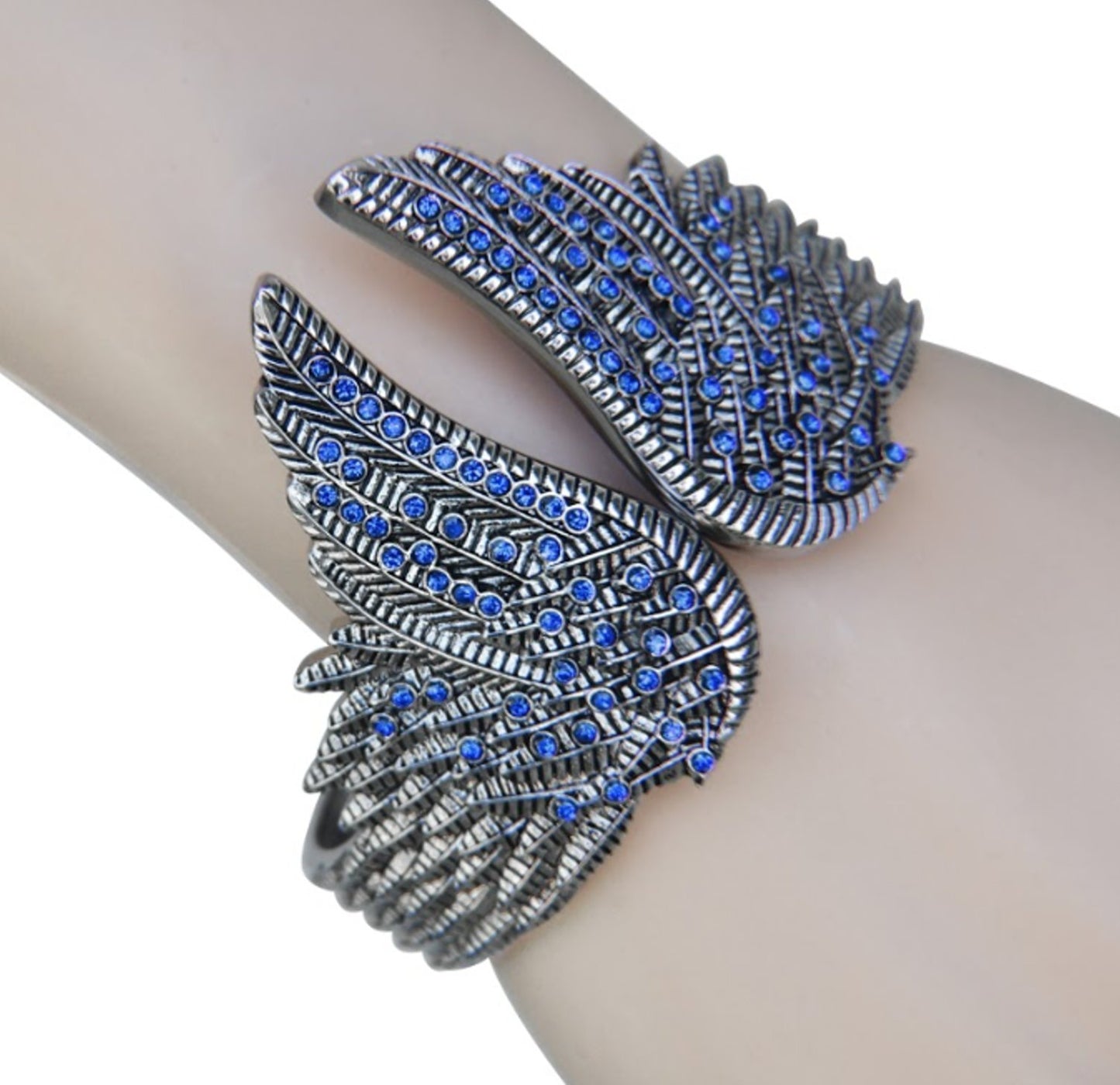 Wings Heart Bangle Imitation Blue Diamonds Stainless Steel Heavy Metal Jewelry