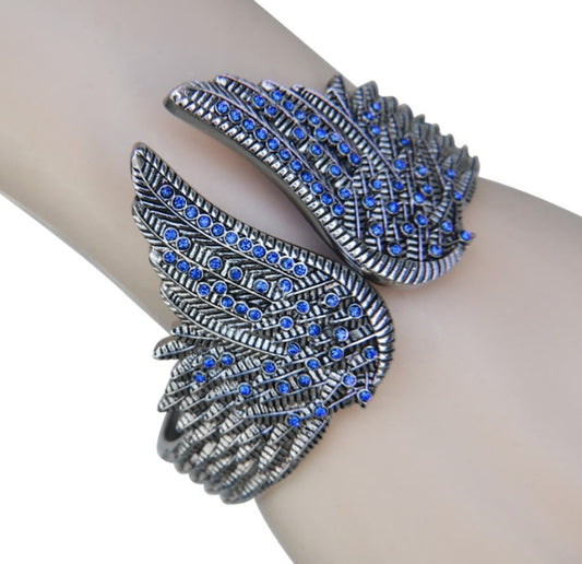 Wings Heart Bangle Imitation Blue Diamonds Stainless Steel Heavy Metal Jewelry