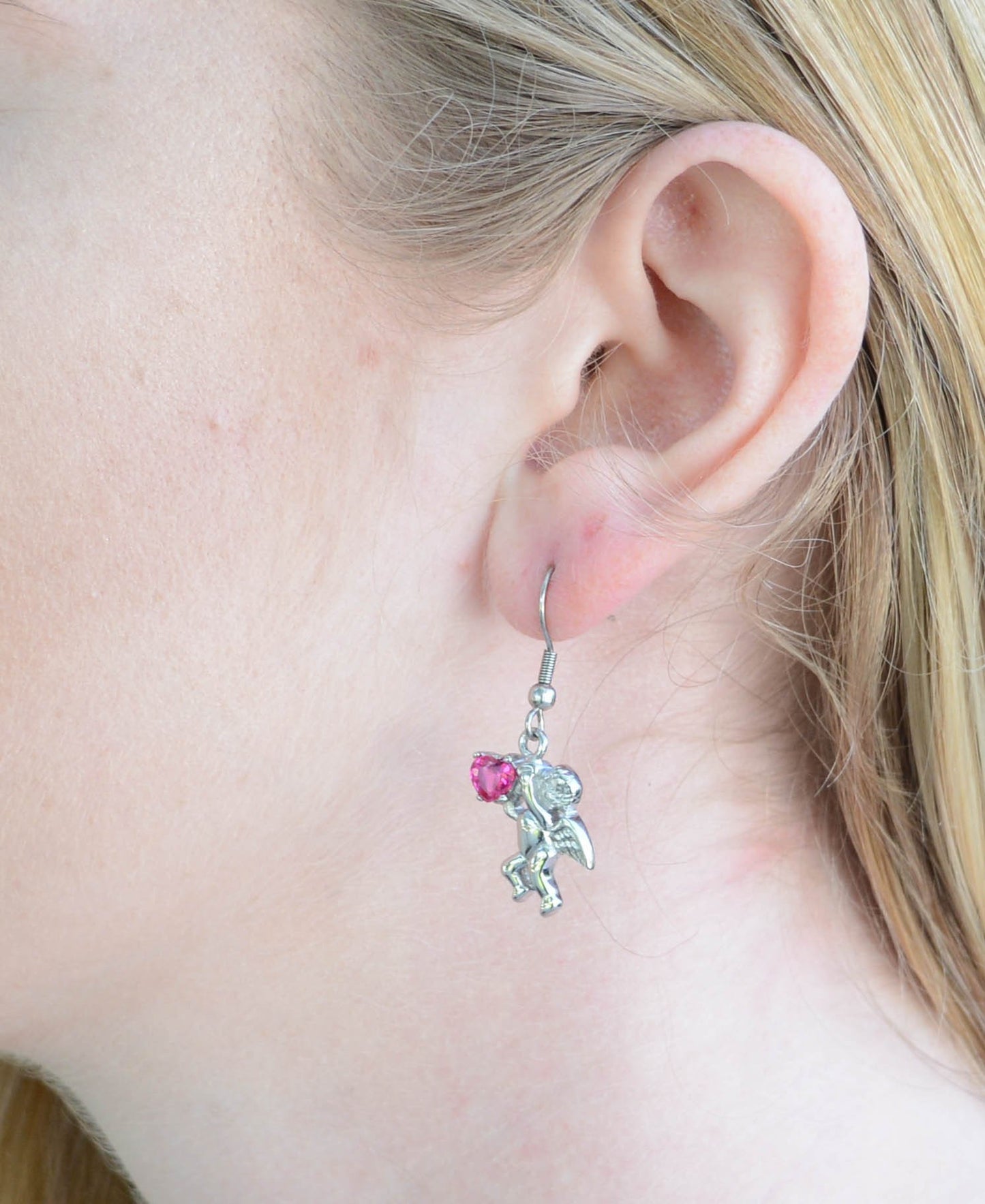 Cherub Angel Earrings Imitation Ruby Heart Shape Stones French Wire Stainless Steel Motorcycle Biker Jewelry