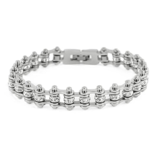 3/8" Wide MiniAll Stainless with White Crystals Stainless Steel Motorcycle Bike Chain Bracelet