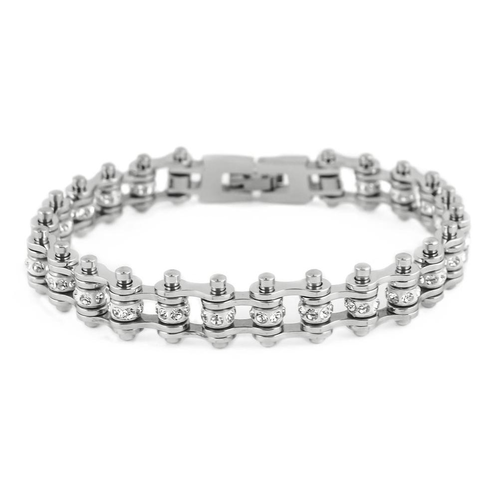 3/8" Wide MiniAll Stainless with White Crystals Stainless Steel Motorcycle Bike Chain Bracelet