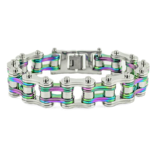 Two Tone Silver Rainbow 3/4" Wide Double Link Design Stainless Steel Motorcycle Chain Bracelet