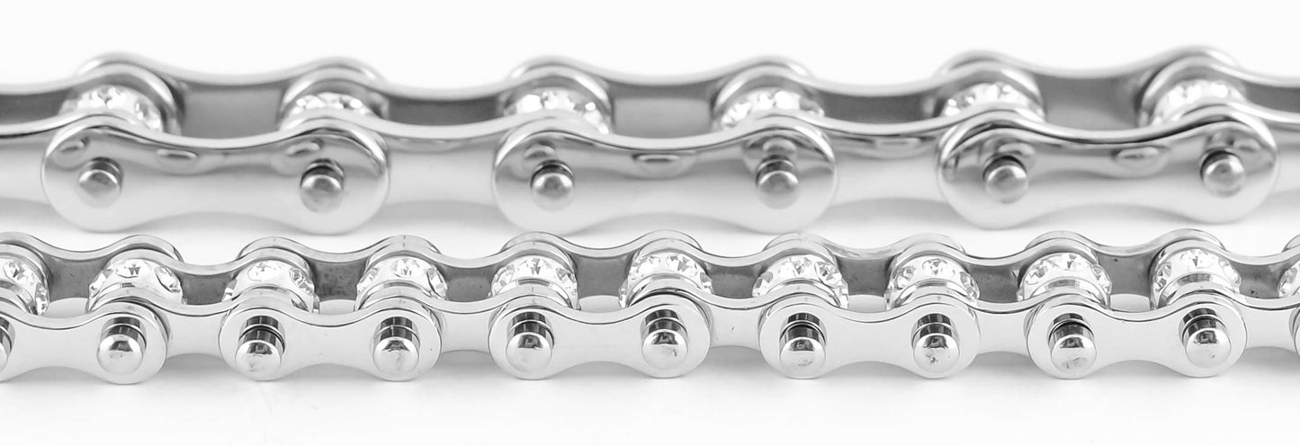 3/8" Wide MiniAll Stainless with White Crystals Stainless Steel Motorcycle Bike Chain Bracelet