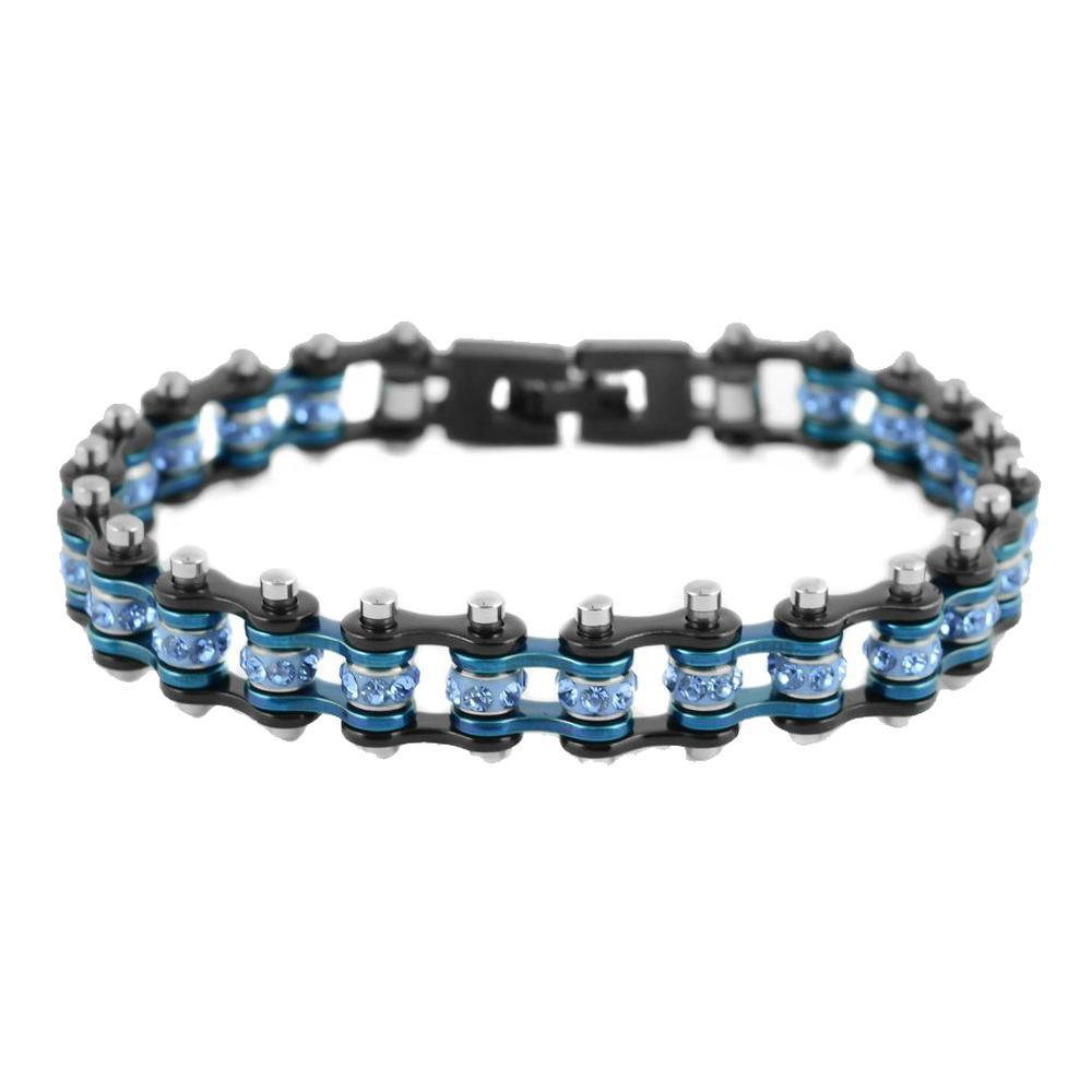 3/8" Wide MiniTwo Tone Black Blue with Blue Crystal Centers Stainless Steel Motorcycle Bike Chain Bracelet