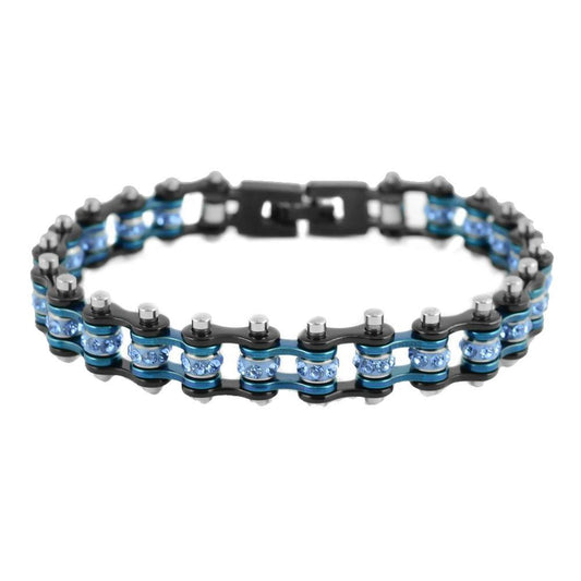 3/8" Wide MiniTwo Tone Black Blue with Blue Crystal Centers Stainless Steel Motorcycle Bike Chain Bracelet
