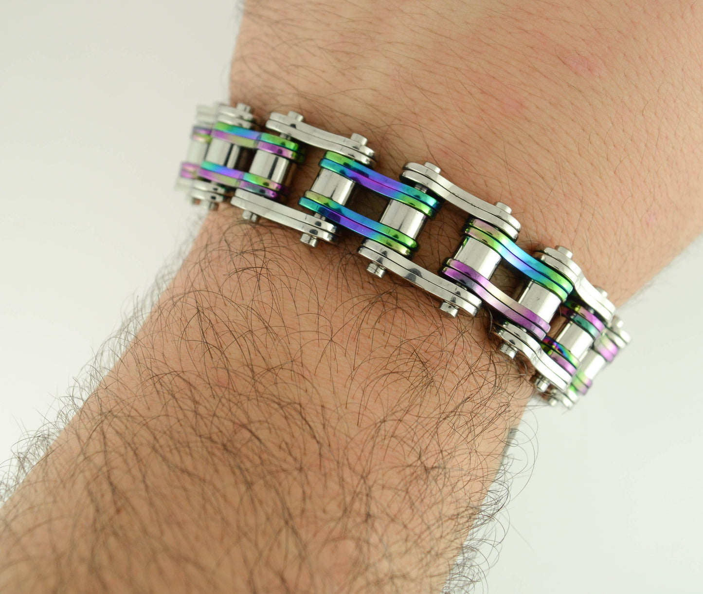 Two Tone Silver Rainbow 3/4" Wide Double Link Design Stainless Steel Motorcycle Chain Bracelet