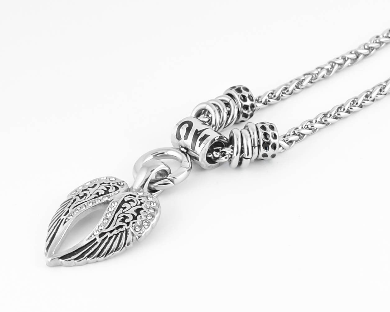 Women's Angel Wing Bling Pendant with 4mm 19" Foxtail Necklace Stainless Steel Motorcycle Jewelry