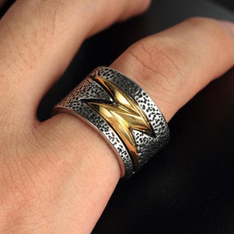 Two-Tone Grunge Rock Lightning Ring in Vintage Silver (Stainless Steel)