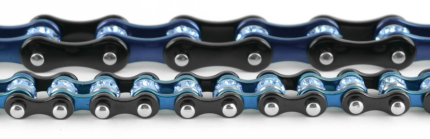 3/8" Wide MiniTwo Tone Black Blue with Blue Crystal Centers Stainless Steel Motorcycle Bike Chain Bracelet