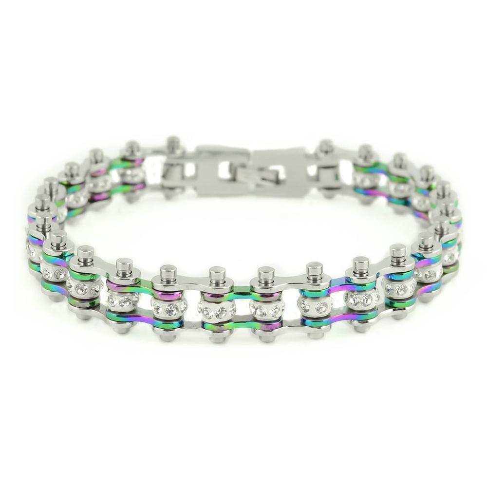 3/8" Wide MiniTwo Tone Silver Rainbow with White Crystal Centers Stainless Steel Motorcycle Bike Chain Bracelet
