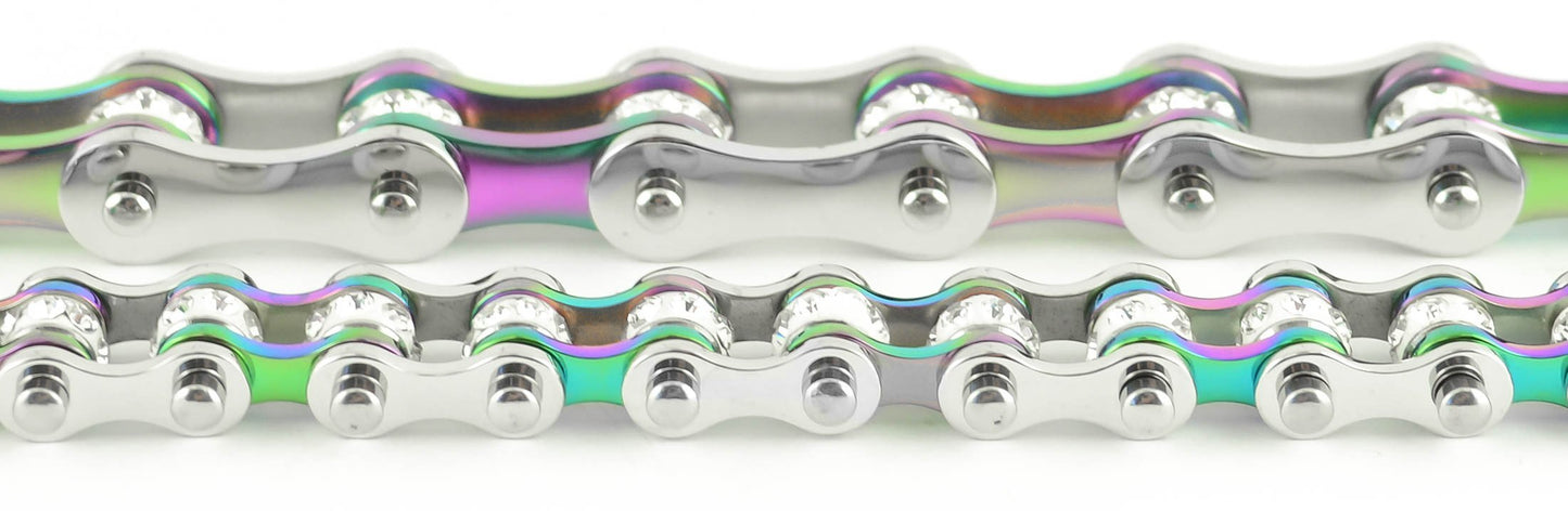 3/8" Wide MiniAll Rainbow with White Crystal Centers Stainless Steel Motorcycle Bike Chain Bracelet